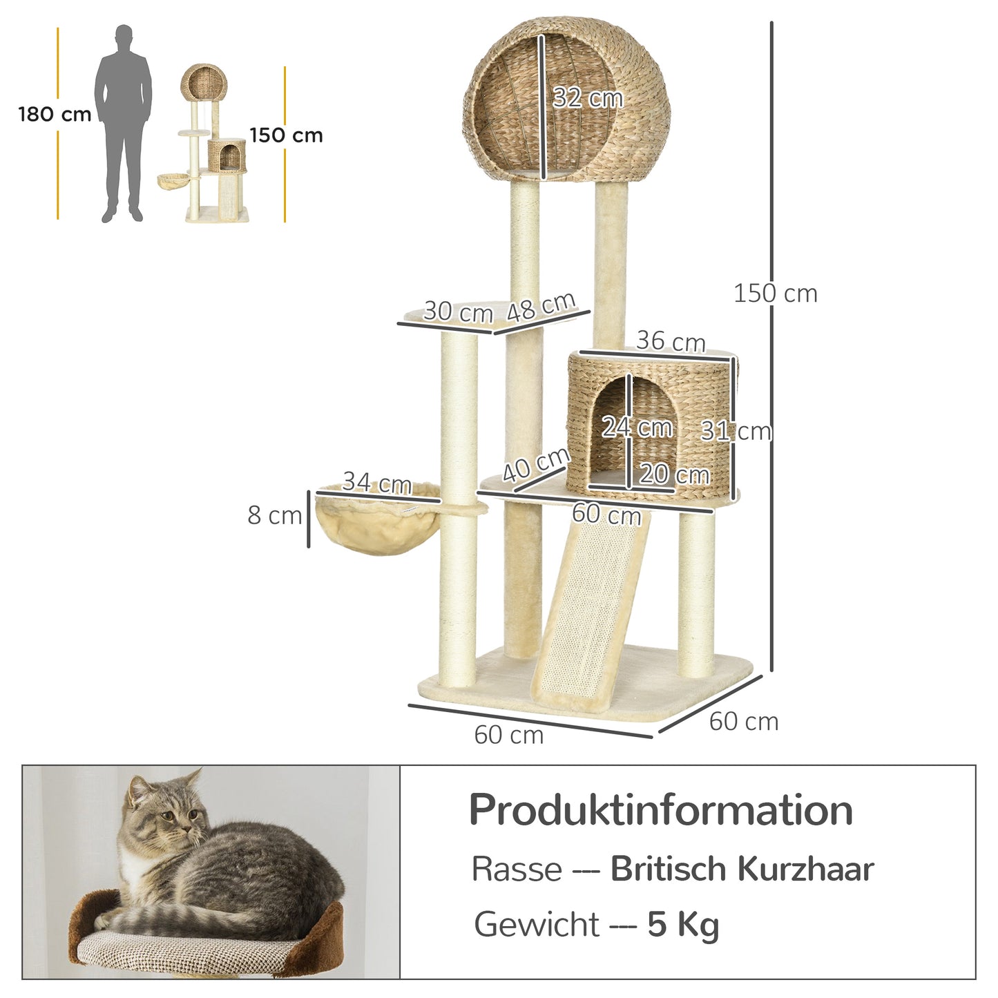 PawHut Kratzbaum, mit Katzenhaus, mehrere Plattformen, Hängematte, Kratzmatte, Kippschutz, beige, 60 x 60 x 150cm