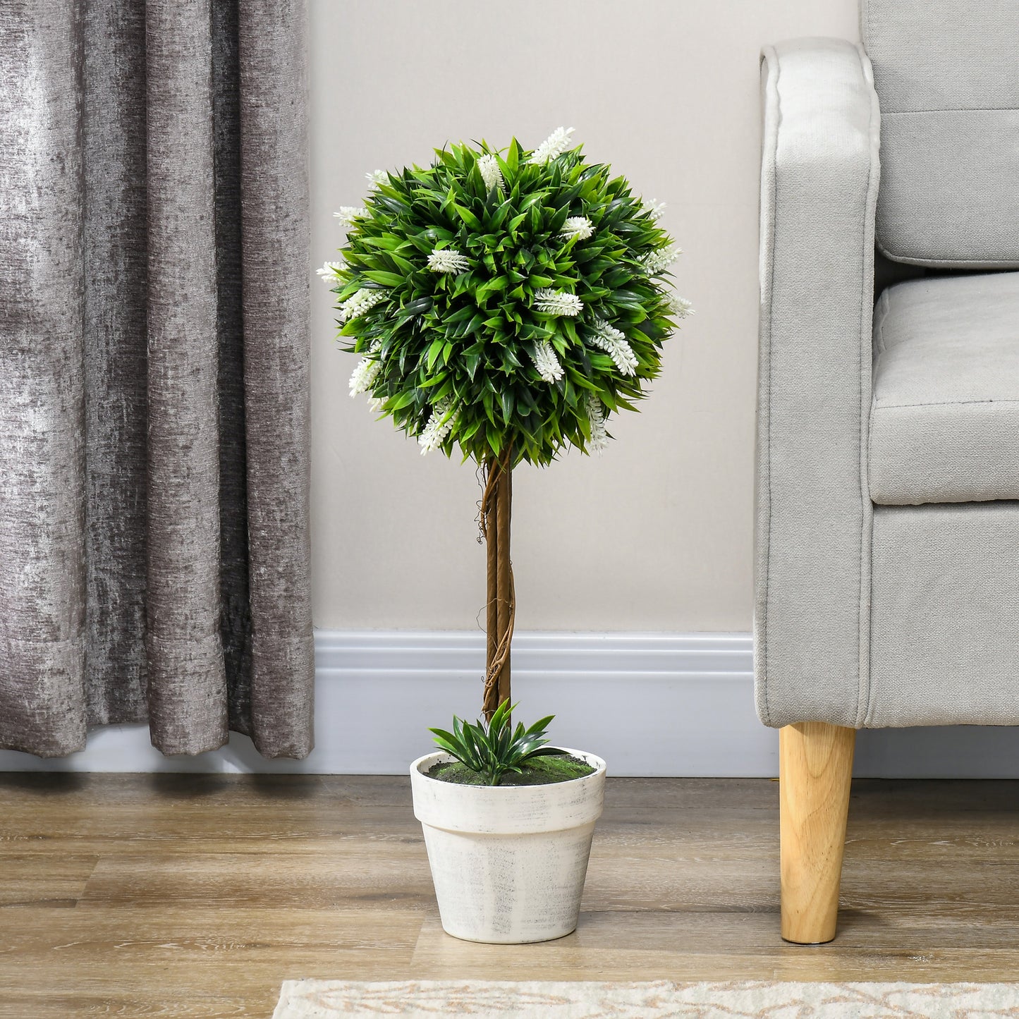 HOMCOM 2er-Set Lavendel Kunstbaum, 60 cm hoch, inkl. Topf und Kunstmoos, Weiß