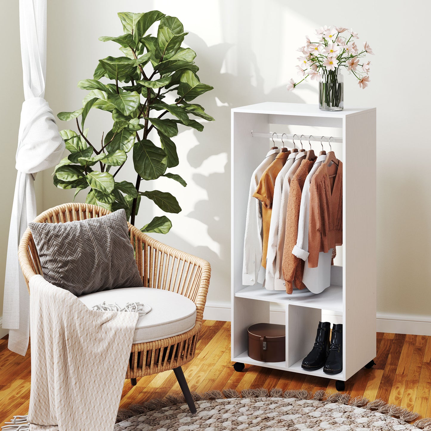 HOMCOM Kleiderschrank Garderobe، 60 سم × 40 سم × 127 سم، 1 Kleiderstange، 2 Regale، Weiß