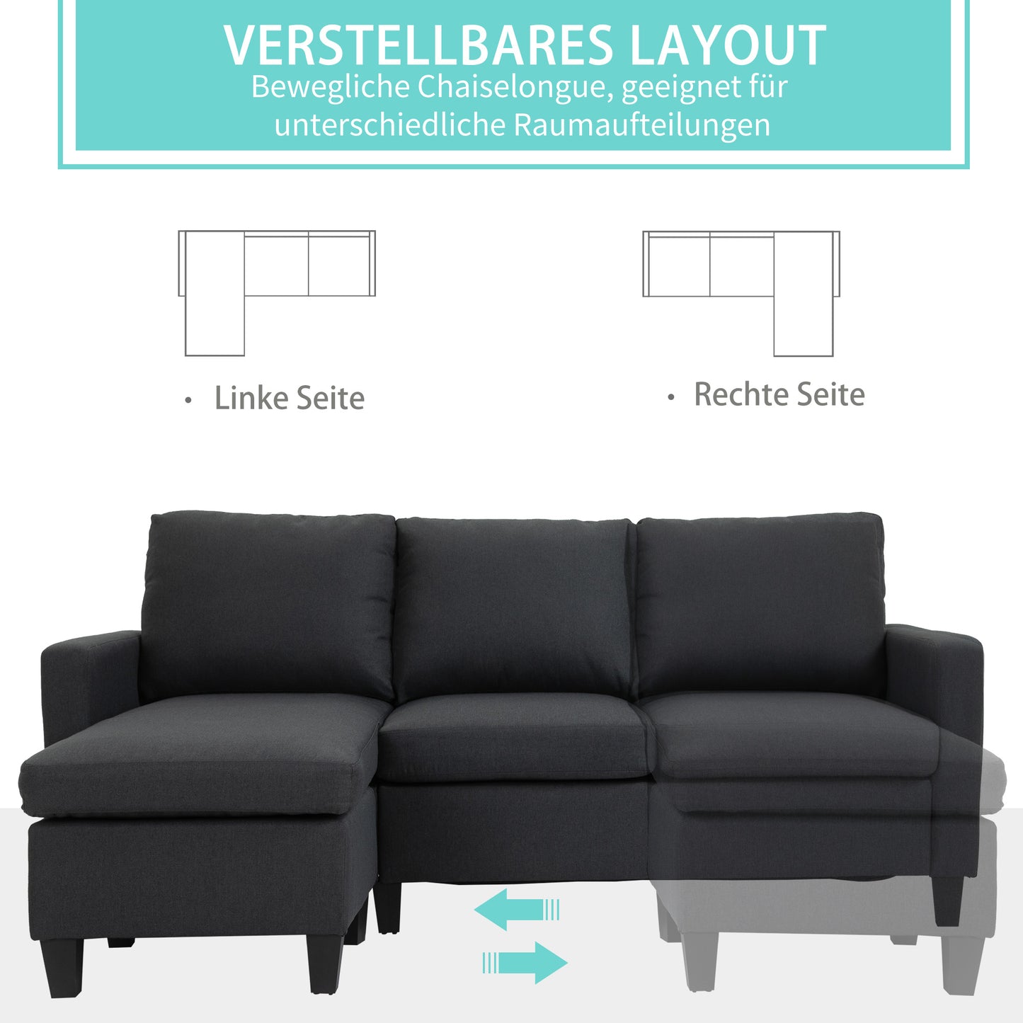 HOMCOM Ecksofa mit Schlaffunktion, 3 Sitzer Sofa und Kissen, Eckcouch, L-Form Couch für Wohnzimmer, Schlafzimmer 197 x 139 x 91 cm, Leinen, Dunkelgrau