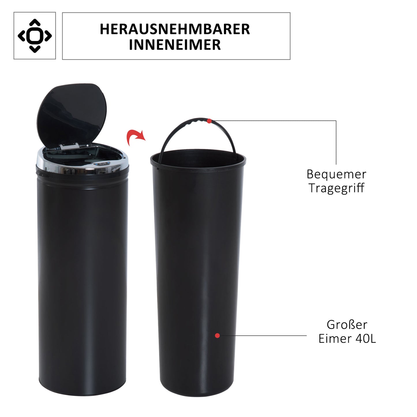 HOMCOM Abfalleimer mit Bewegungssensor, rostfreier Stahl, 30,5 cm x 30,5 cm x 81,5 cm, Schwarz