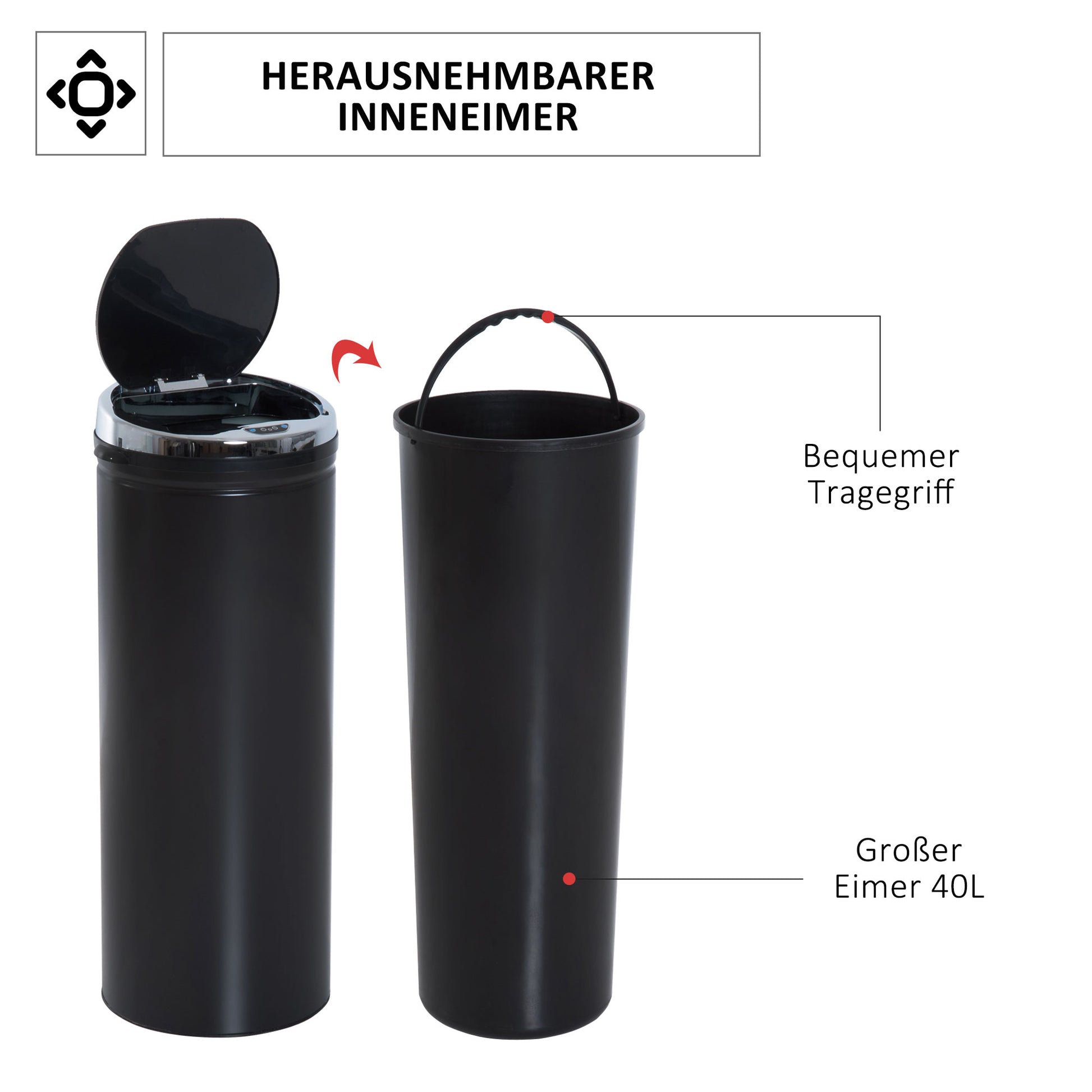HOMCOM Abfalleimer mit Bewegungssensor, rostfreier Stahl, 30,5 cm x 30,5 cm x 81,5 cm, Schwarz
