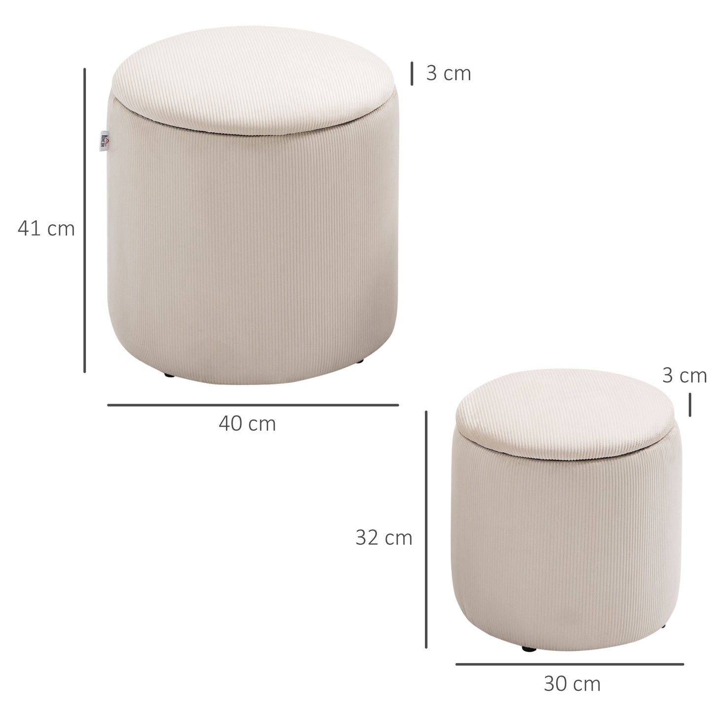 HOMCOM Hocker Ottomane, Zweier-Set, mit Stauraum, weiche Polsterung, Bezug in Cordoptik, Cremeweiß, 40 x 40 x 41cm