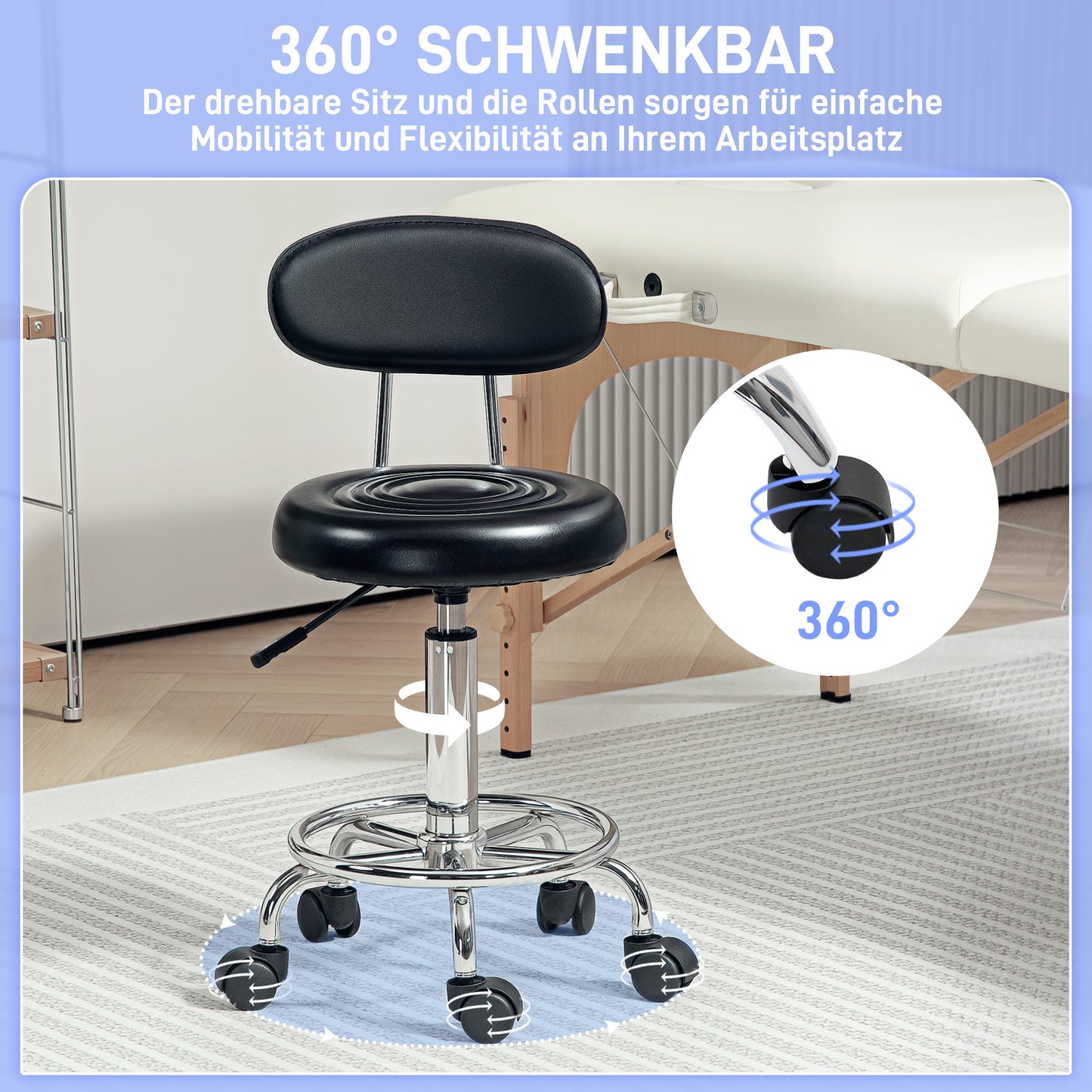 HOMCOM Rollhocker, Drehbarer und verstellbarer Hocker mit Rückenlehne, Kunstlederbezug, Fußstütze, für Frisiertische, Schwarz