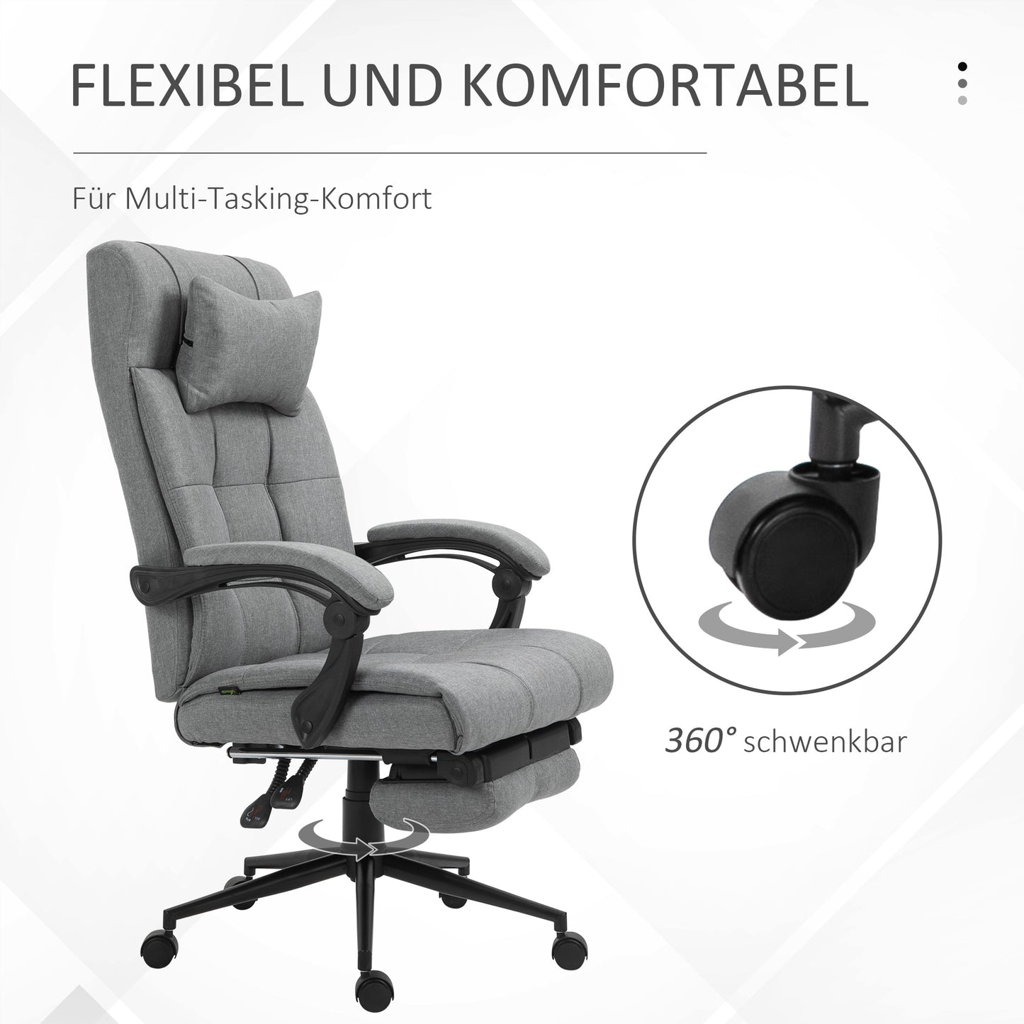Vinsetto Bürostuhl mit Kopfkissen Armlehne Schreibtischstuhl mit Neigungswinkel Höhenverstellbarer Drehstuhl mit Fußstütze Leinen Schaumstoff PVC Hellgrau 66 x 76 x 112-120 cm