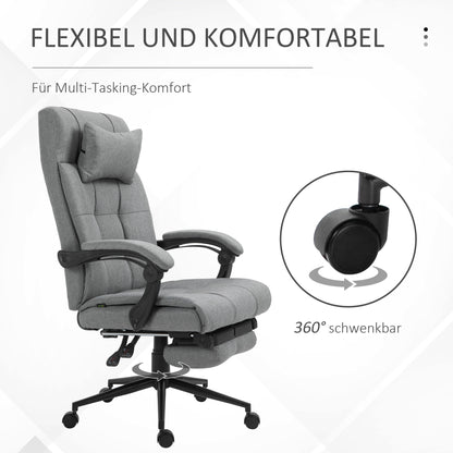 Vinsetto Bürostuhl mit Kopfkissen Armlehne Schreibtischstuhl mit Neigungswinkel Höhenverstellbarer Drehstuhl mit Fußstütze Leinen Schaumstoff PVC Hellgrau 66 x 76 x 112-120 cm