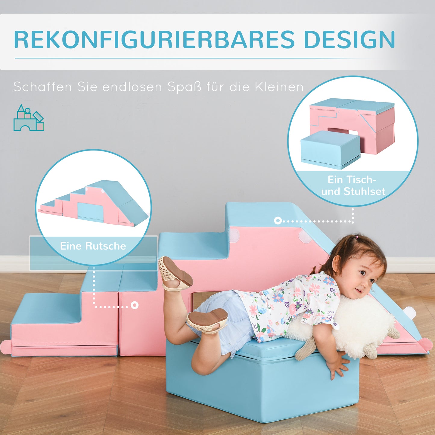 HOMCOM Kletter- und Rutschspielzeug für Kinder, fördert Motorik, Kunstleder, EPE-Schaum, 86x49x47 cm, Rosa+Blau