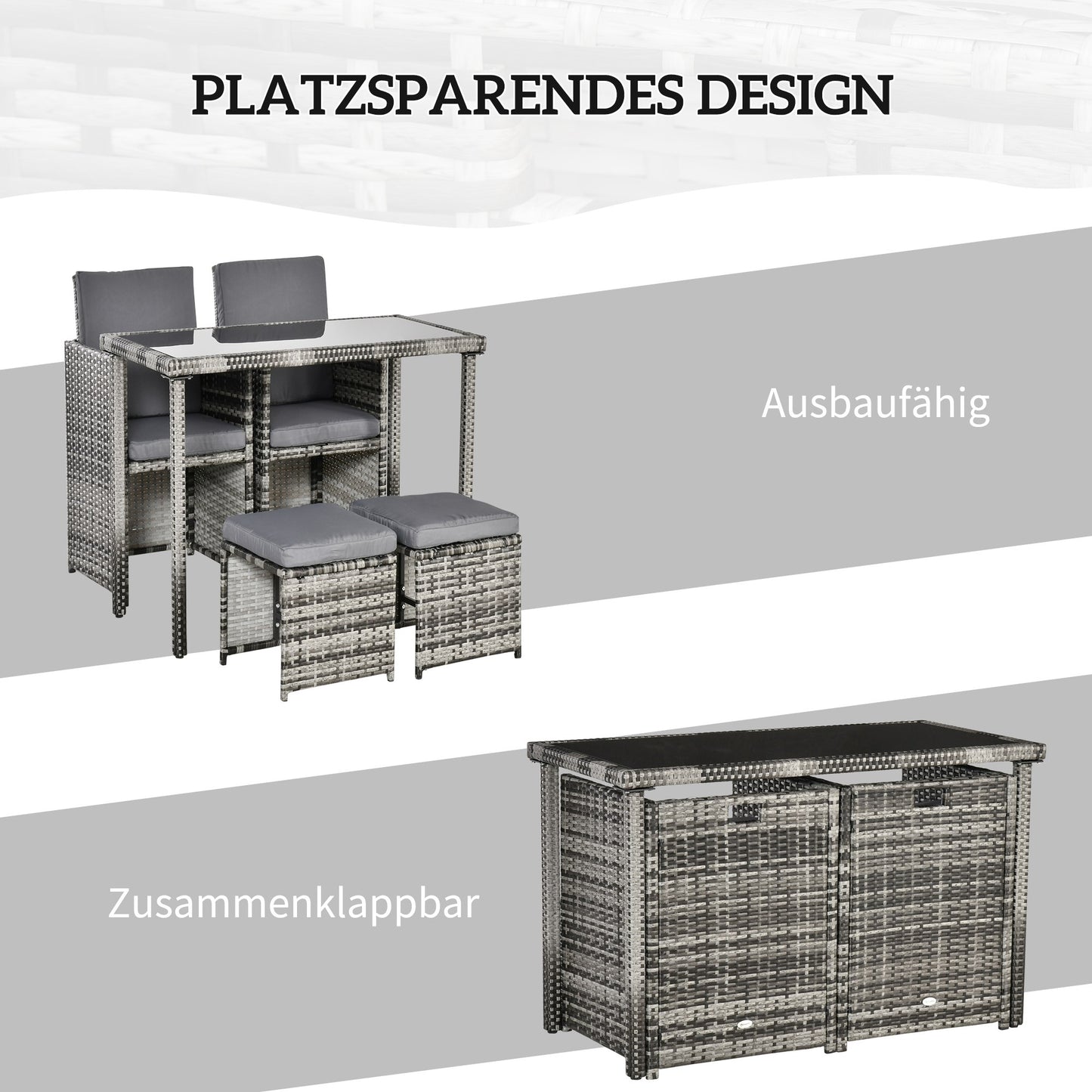 Outsunny Polyrattan Sitzgruppe für 4 Personen Essgruppe Gartenset Garnitur mit Kissen, Grau