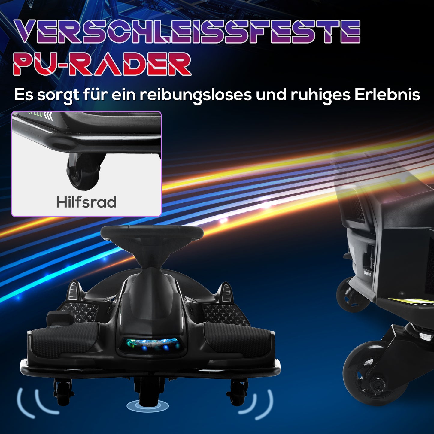 HOMCOM Elektrisches Go-Kart für Kinder, Gummiräder, 3-8 km/h, mit Lichtern und Musikfunktion, Schwarz