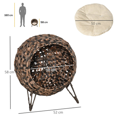 PawHut Katzenhaus aus Rattan mit Kissen Katzenschlafplatz Katzenhöhle mit erhöhten Füßen Braun Ø52 x 58 سم