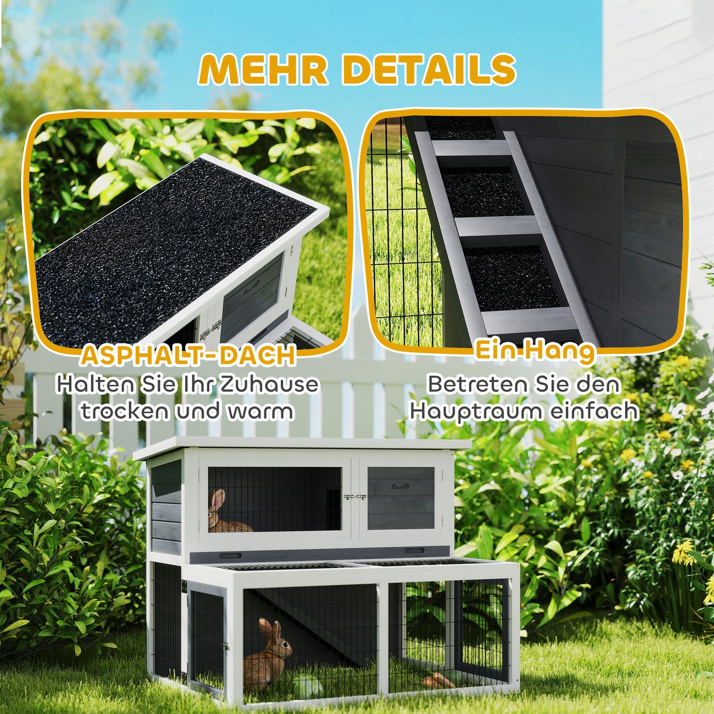 PawHut Hasenstall 2 Ebenen mit klappbar Dach Kaninchenstall aus Vollholz Winterfest Doppelstockhaus 122x95x93,5 cm Grau