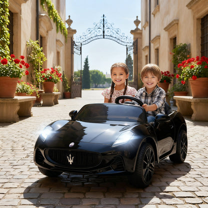 AIYAPLAY Maserati Elektroauto für Kinder, 2-Sitzer, 12V Batteriebetrieb, Fernbedienung, LED-Lichter, Musikfunktion, Schwarz