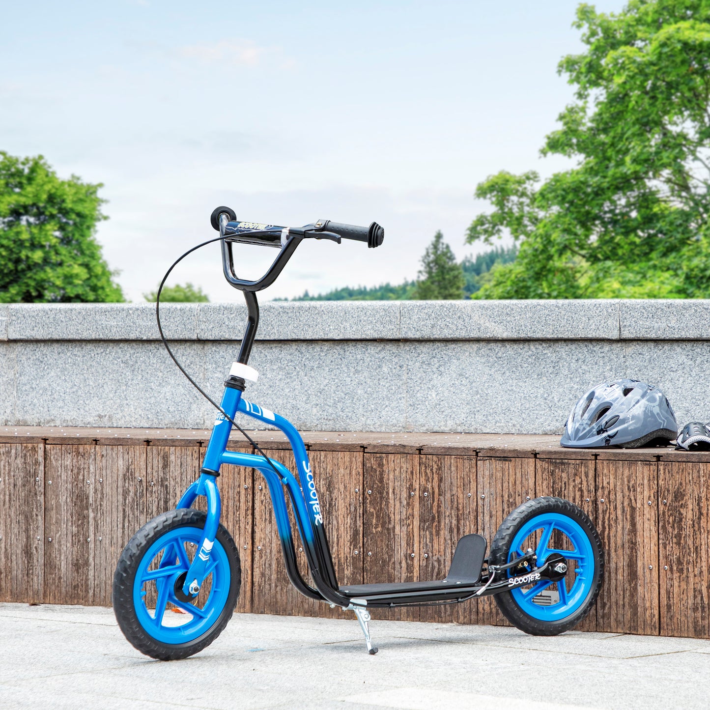 AIYAPLAY Kinderroller mit verstellbarem Lenker, große Räder, Parkständer, Handbremse, für Kinder im Alter von 5-12 Jahren, Blau