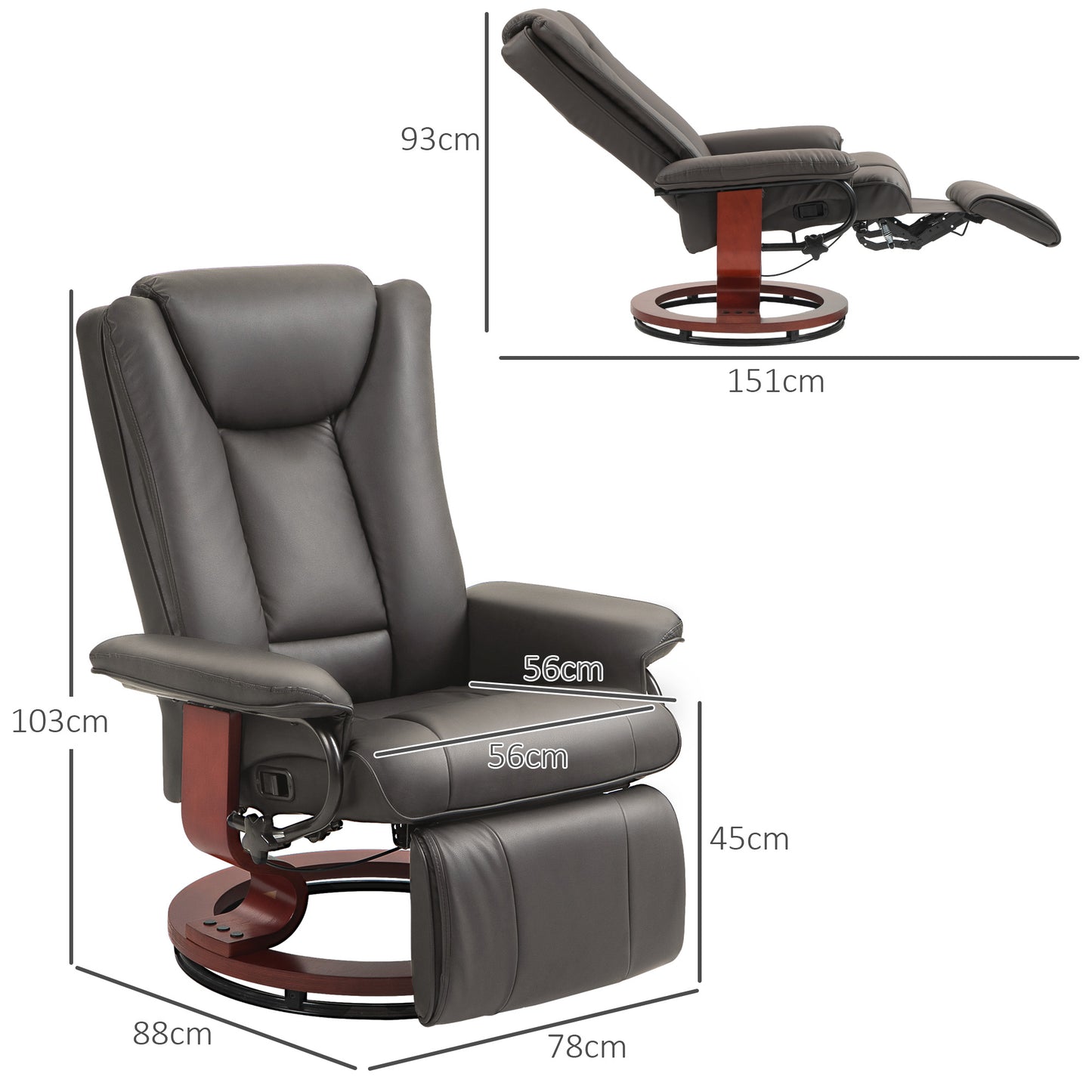 HOMCOM Relaxsessel mit Liegefunktion, drehbar, bis 150 kg, Kunstlederbezug, Stahlrahmen, Braun