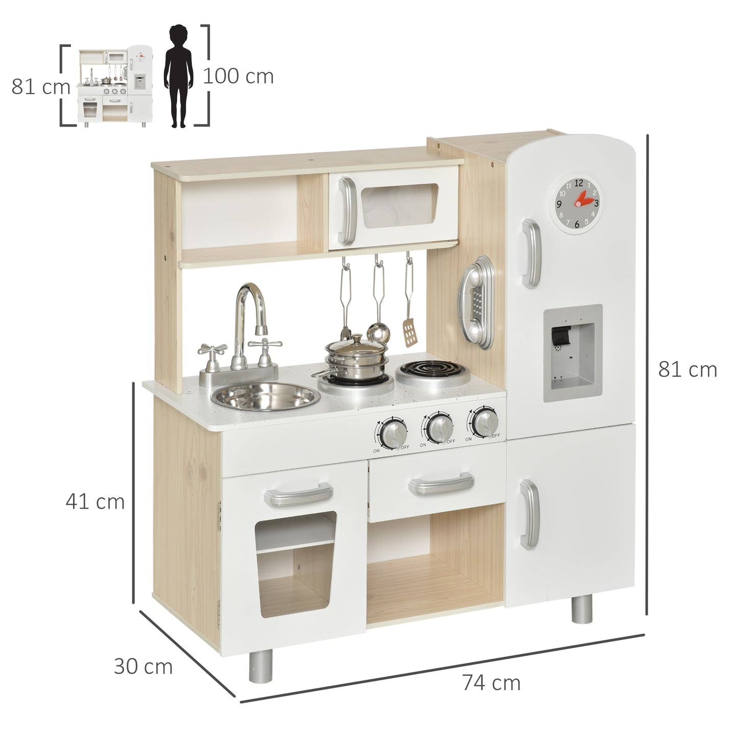 HOMCOM Kinderküche mit Zubehör, Traumküche, Spielküche, Spielzeugküche für Kinder ab 3 Jahren, Kiefer, MDF, Weiß, 74 x 30 x 81 cm
