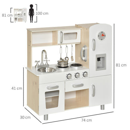 HOMCOM Kinderküche mit Zubehör, Traumküche, Spielküche, Spielzeugküche für Kinder ab 3 Jahren, Kiefer, MDF, Weiß, 74 x 30 x 81 cm