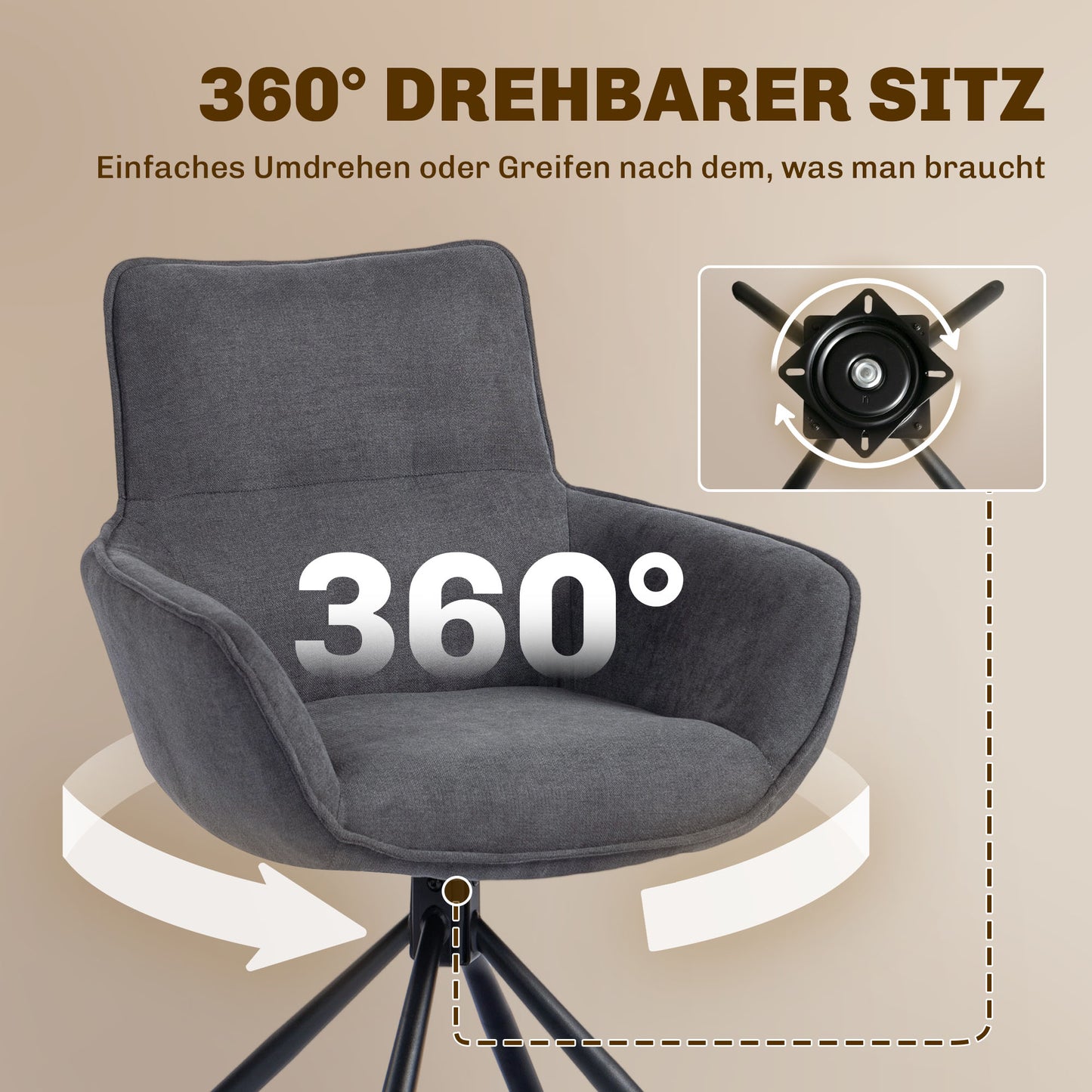 HOMCOM 2er-Set Esszimmerstühle, drehbar, weich gepolstert, Armlehnen, Metallbeine, Dunkelgrau