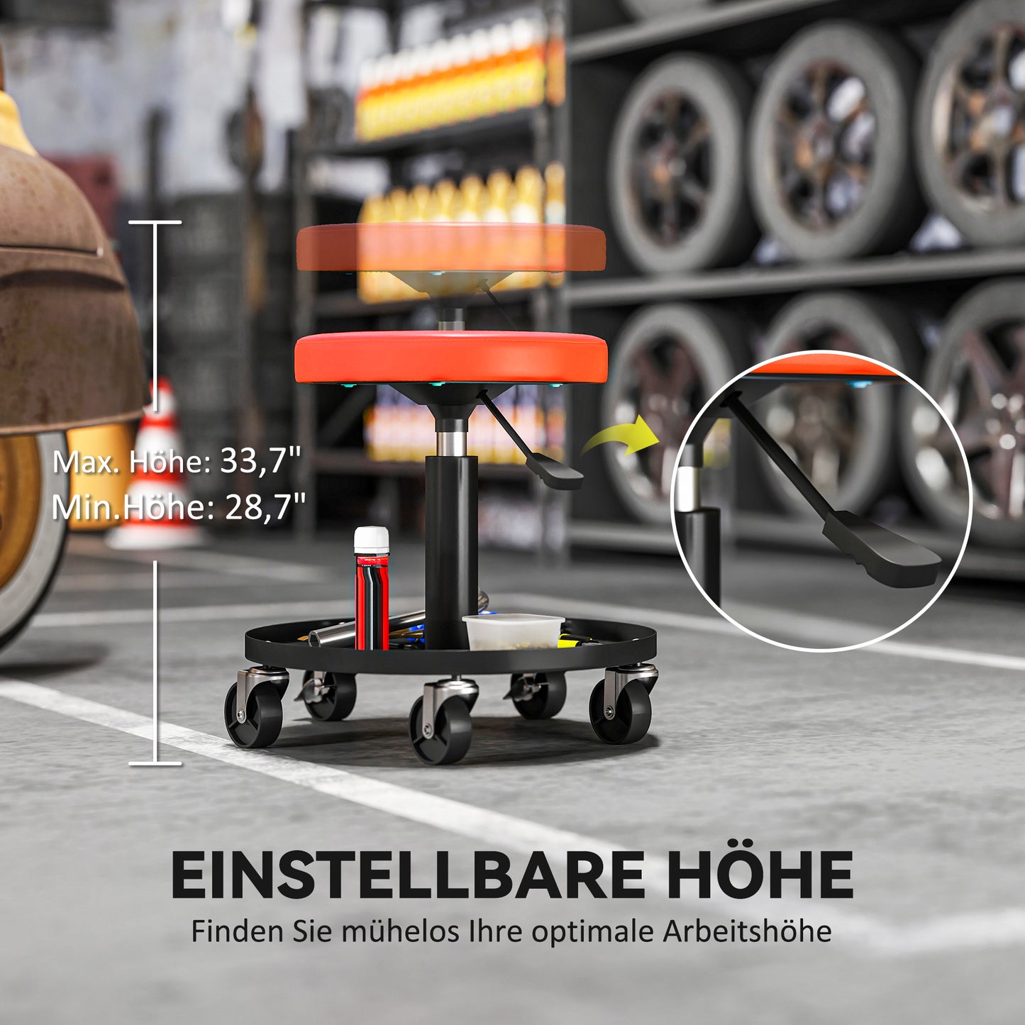 HOMCOM Werkstatthocker mit Rollen Ablagefläche höhenverstellbar 38-50 سم مكرر 135 كجم شريط برتقالي