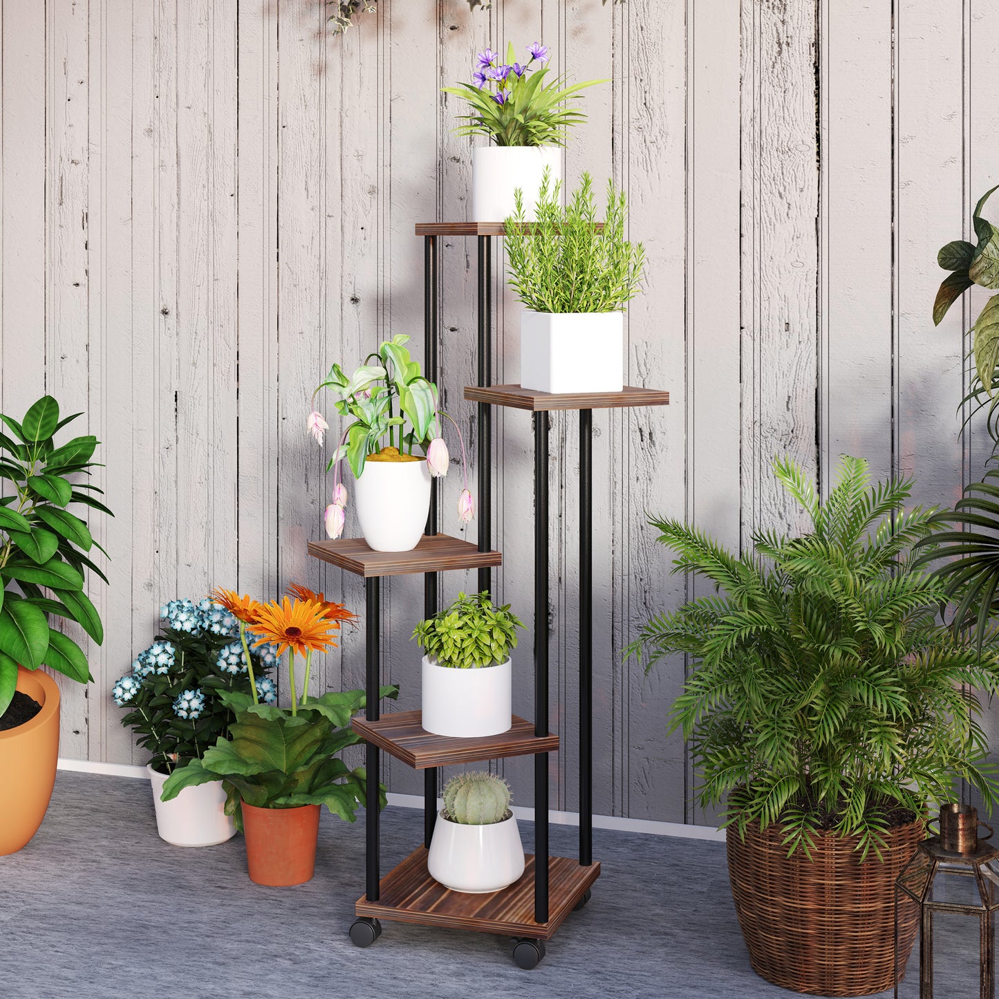 Outsunny Blumenständer mit 5 Ebenen, 5-stufiger Pflanzenständer, versetztes Design, leicht zu verschieben, Holz, Stahl