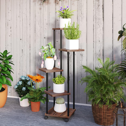 Outsunny Blumenständer mit 5 Ebenen, 5-stufiger Pflanzenständer, versetztes Design, leicht zu verschieben, Holz, Stahl