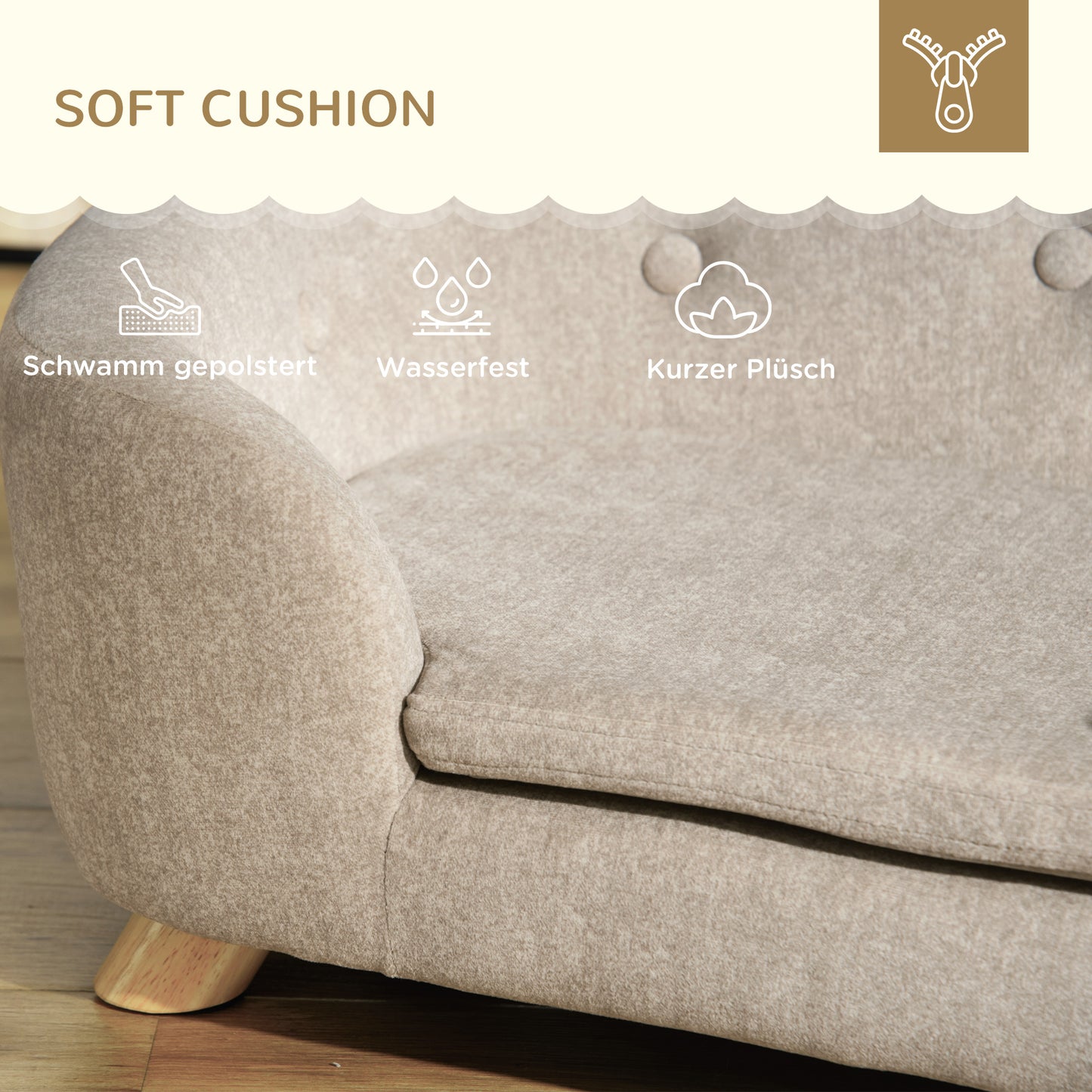 PawHut Haustiersofa Hundematte Hundebett Hundesofa Hundecouch Katzen Sofa mit Kissen Rückentasche Plüsch Schaumstoff Kiefernholz Cremeweiß 70 x 47 x 30 cm