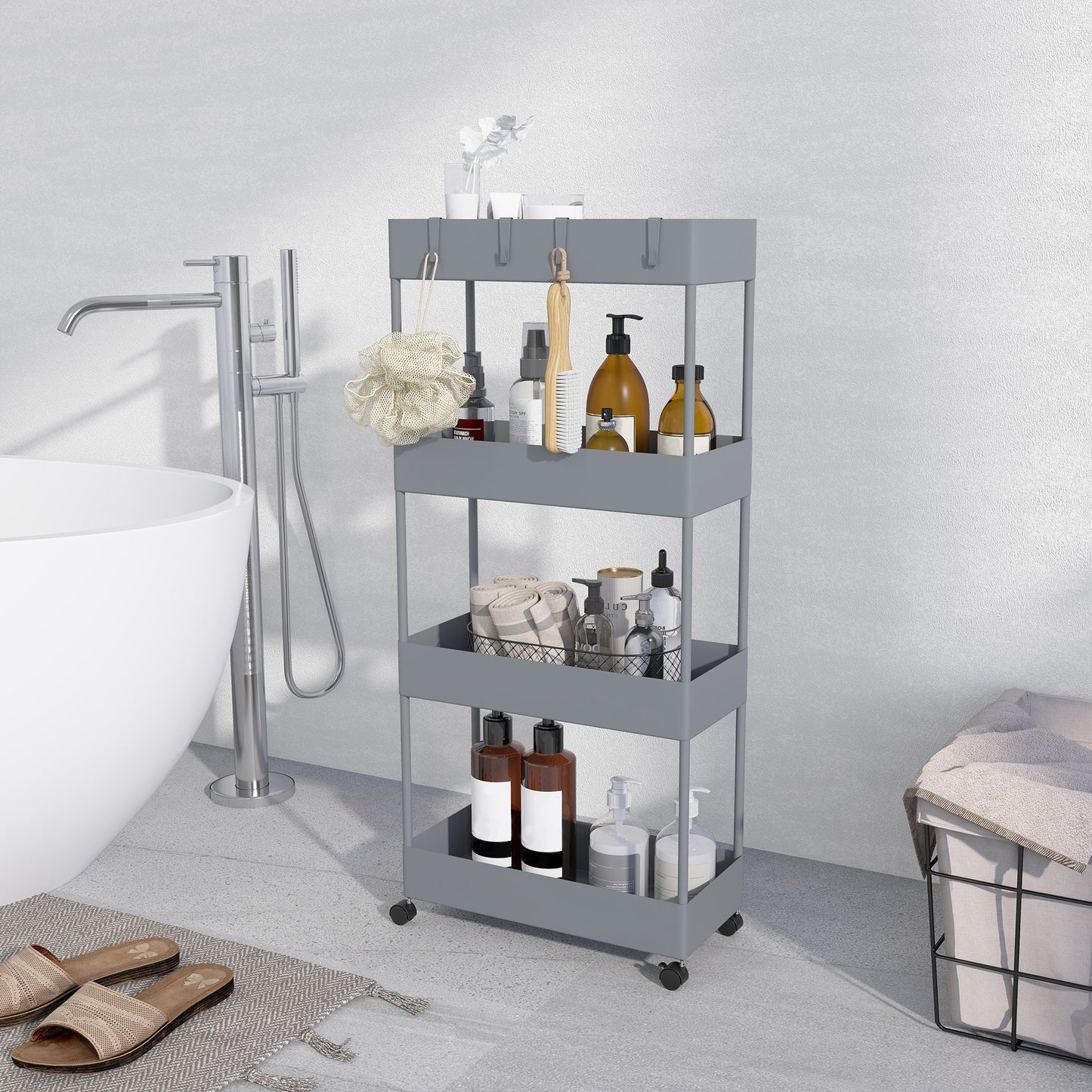 HOMCOM Küchenwagen mit 4 Regalen, 4 flexiblen Haken, 4 Rollen, 40 cm x 19 cm x 90 cm, Nischenwagen, Grau