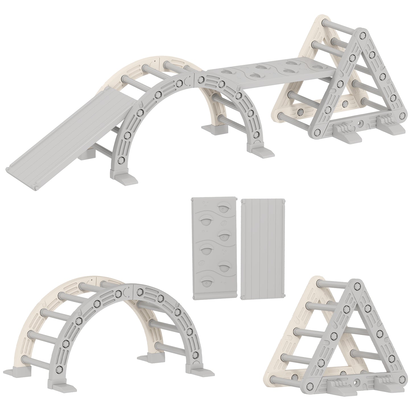 AIYAPLAY Klettergerüst Indoor, 5 in 1 Kletterdreieck mit Rutsche, Kletterbogen, inkl. doppelseitige Rampe, Spielplatz Indoor für Kinder 18-48 Monate, Grau+Weiß