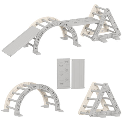 AIYAPLAY Klettergerüst Indoor, 5 in 1 Kletterdreieck mit Rutsche, Kletterbogen, inkl. doppelseitige Rampe, Spielplatz Indoor für Kinder 18-48 Monate, Grau+Weiß