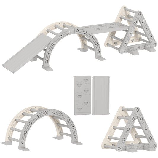 AIYAPLAY Klettergerüst Indoor, 5 in 1 Kletterdreieck mit Rutsche, Kletterbogen, inkl. doppelseitige Rampe, Spielplatz Indoor für Kinder 18-48 Monate, Grau+Weiß