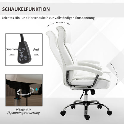 Vinsetto Bürostuhl, ergonomischer Schreibtischstuhl, höhenverstellbarer Drehstuhl mit Wippfunktion, Rautenmuster, Kunstleder, gepolsterter Chefsessel, Weiß