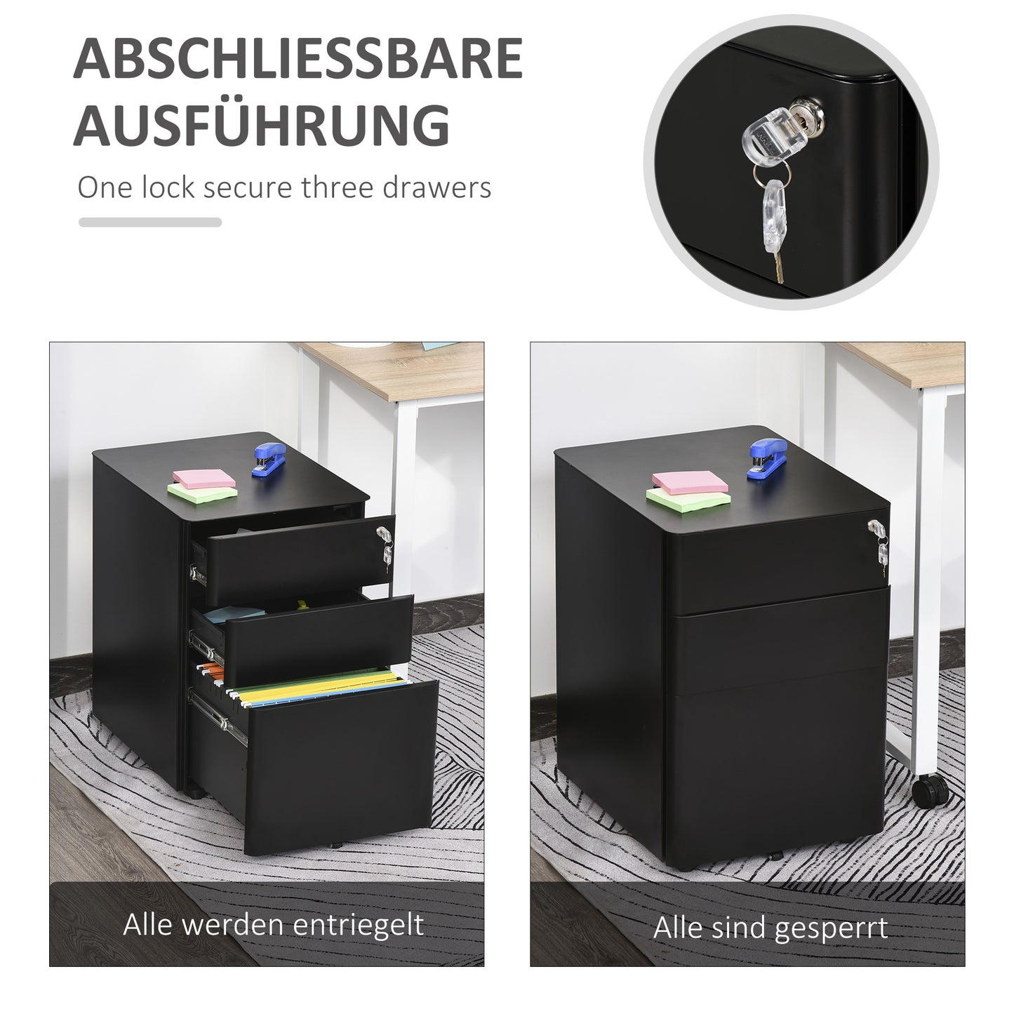 Vinsetto Rollcontainer mit 3 Schubladen mobiler Aktenschrank mit Rollen abschließbar Büroschrank mit Hängeregistratur Stiftfach, Bürocontainer für Büro, Homeoffice, 39 x 48 x 59 cm Schwarz