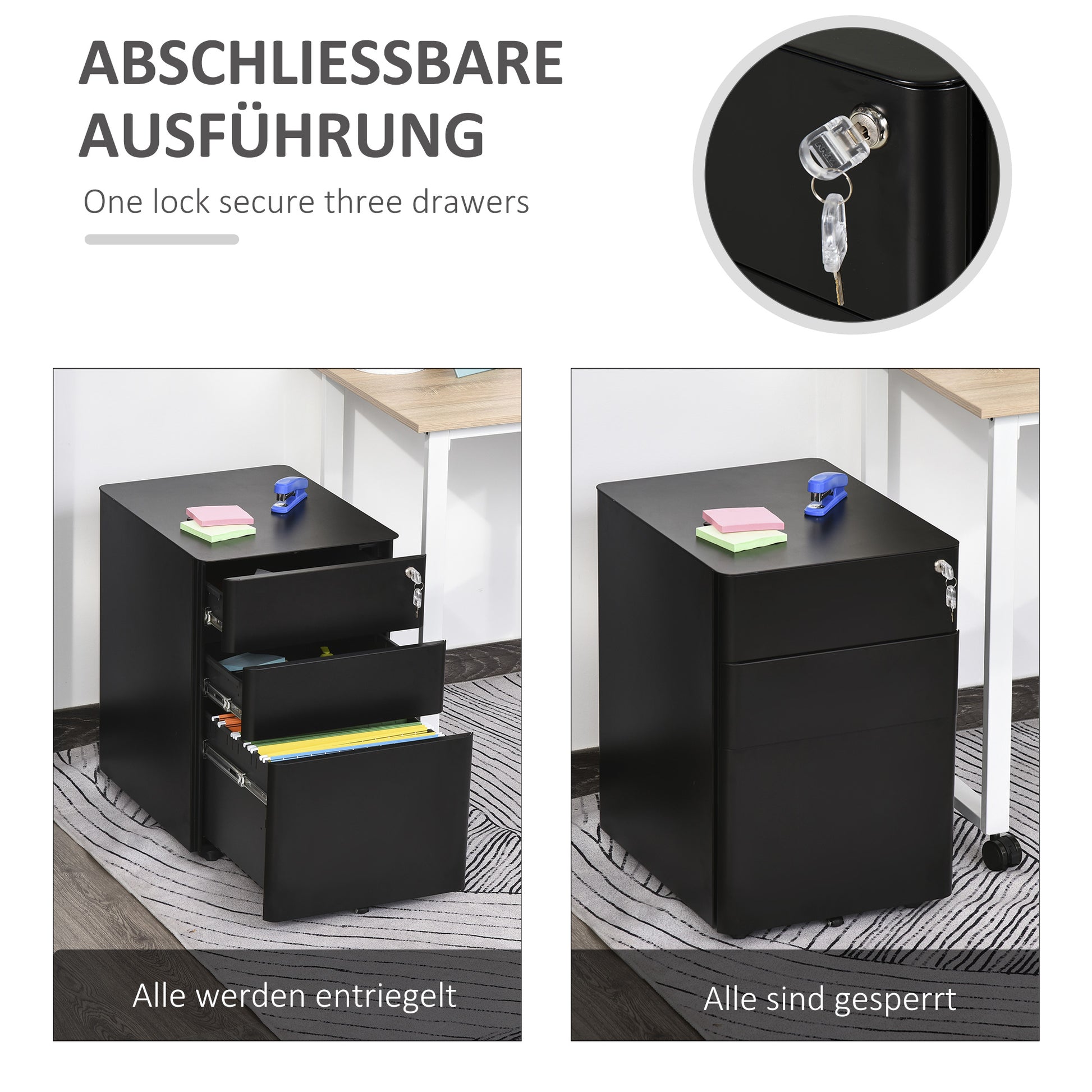 Vinsetto Rollcontainer mit 3 Schubladen mobiler Aktenschrank mit Rollen abschließbar Büroschrank mit Hängeregistratur Stiftfach, Bürocontainer für Büro, Homeoffice, 39 x 48 x 59 cm Schwarz