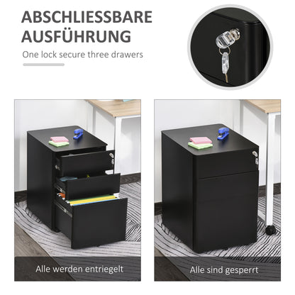 Vinsetto Rollcontainer mit 3 Schubladen mobiler Aktenschrank mit Rollen abschließbar Büroschrank mit Hängeregistratur Stiftfach, Bürocontainer für Büro, Homeoffice, 39 x 48 x 59 cm Schwarz