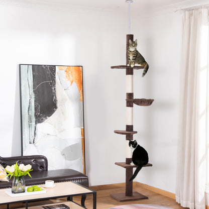 PawHut Kratzbaum Deckenhoch höhenverstellbar, stabiler Katzenbaum mit Sisalsäulen, Katzen Kletterbaum, Braun, 40 x 34 x 230-260 cm