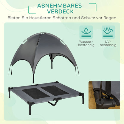 PawHut Erhöhtes Hundebett mit Baldachin, Haustierbett, Hundeliege outdoor mit Dach, Atmungsaktiv, Taftstoff für Camping Grau 92 x 76 x 90 cm