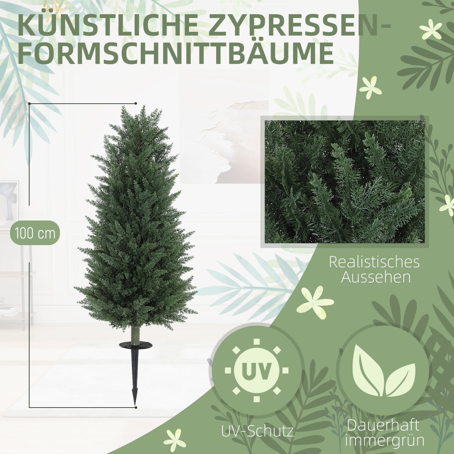 HOMCOM 2er-Set Kunstpflanzen, künstliche Zypressen mit je 831 Blättern, vielseitig, Grün