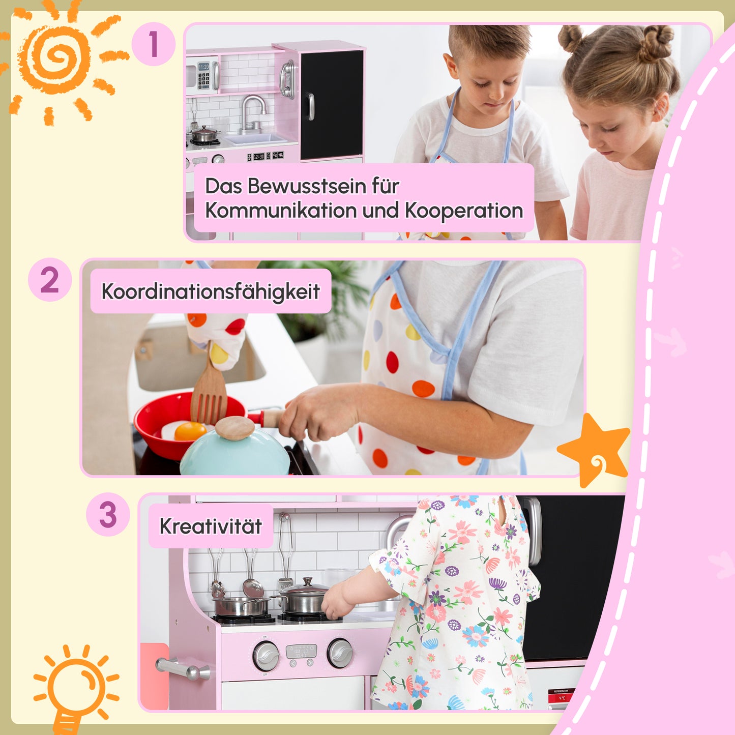 AIYAPLAY Spielküchen-Set mit Töpfen, Tafel, Telefon, Eismaschine, Herd, 83,8 x 26,8 x 81 cm, Pink