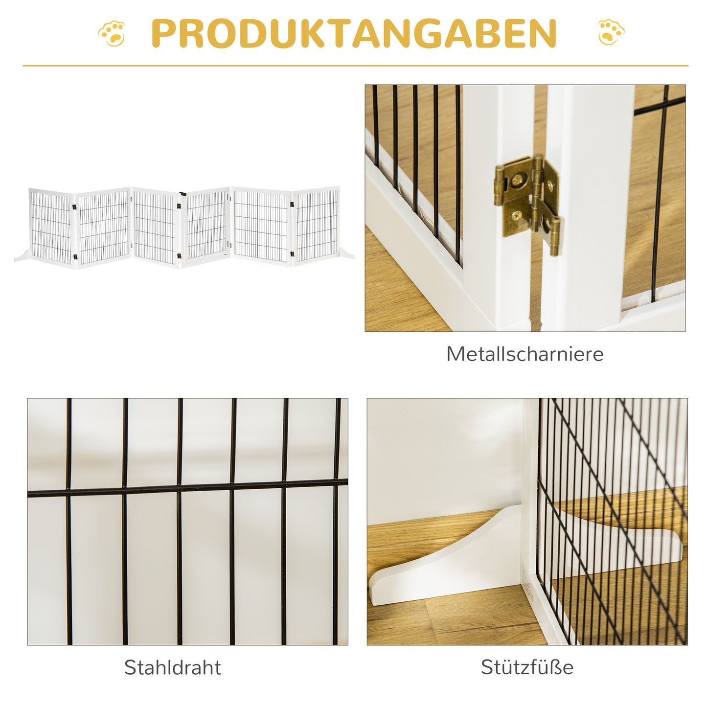 PawHut Absperrgitter für Hunde, klappbar, 432 x 36 x 70 cm, Kiefernholz, Weiß