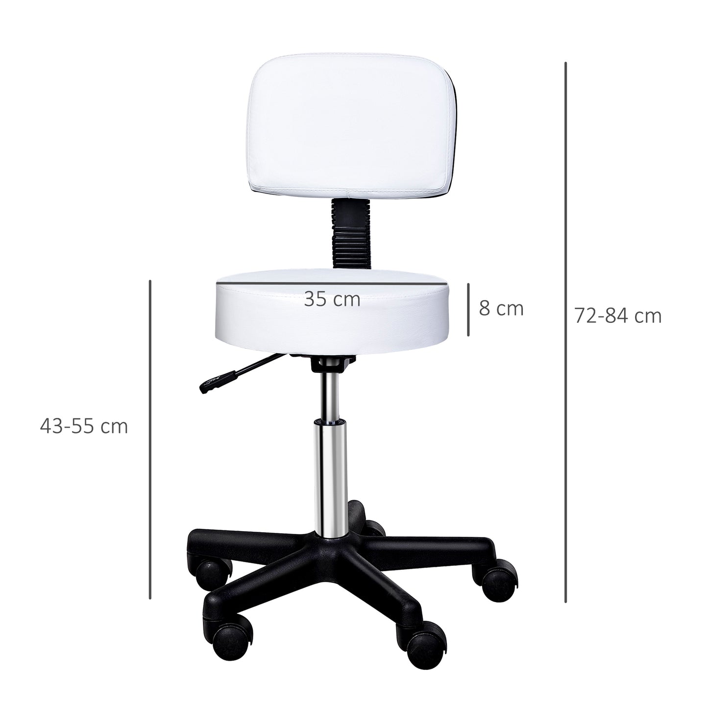 HOMCOM Rollhocker höhenverstellbar mit Rückenlehne Drehhocker 72-84 cm Arbeitshocker 360° drehbar Bürohocker für Büro Salon Massage Spa Weiß