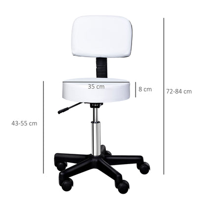 HOMCOM Rollhocker höhenverstellbar mit Rückenlehne Drehhocker 72-84 cm Arbeitshocker 360° drehbar Bürohocker für Büro Salon Massage Spa Weiß