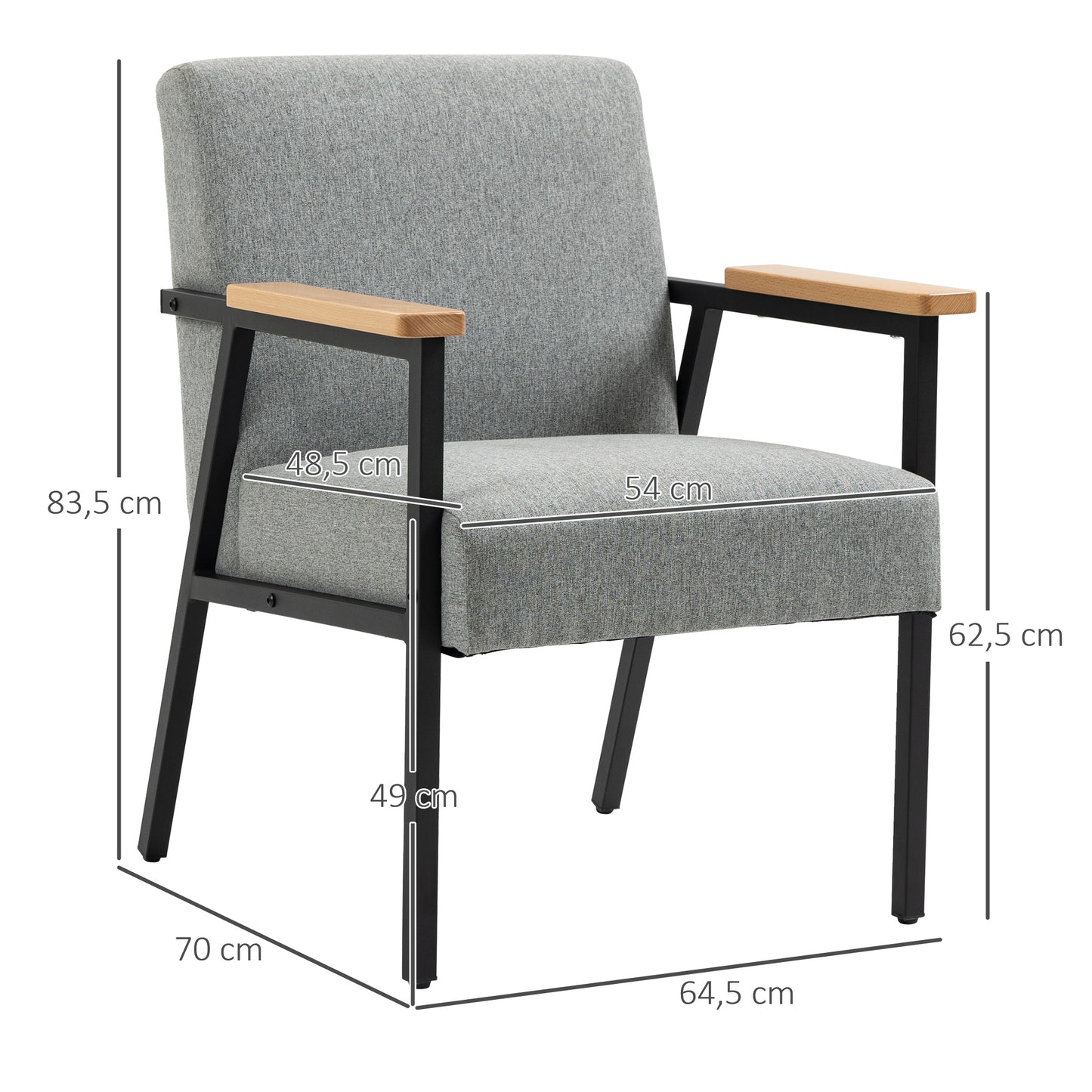 HOMCOM Akzentsessel im Skandidesign, Ruhesessel ,Akzentstuhl, Leinenoptik, Kautschukholz, Grau + Schwarz + Braun