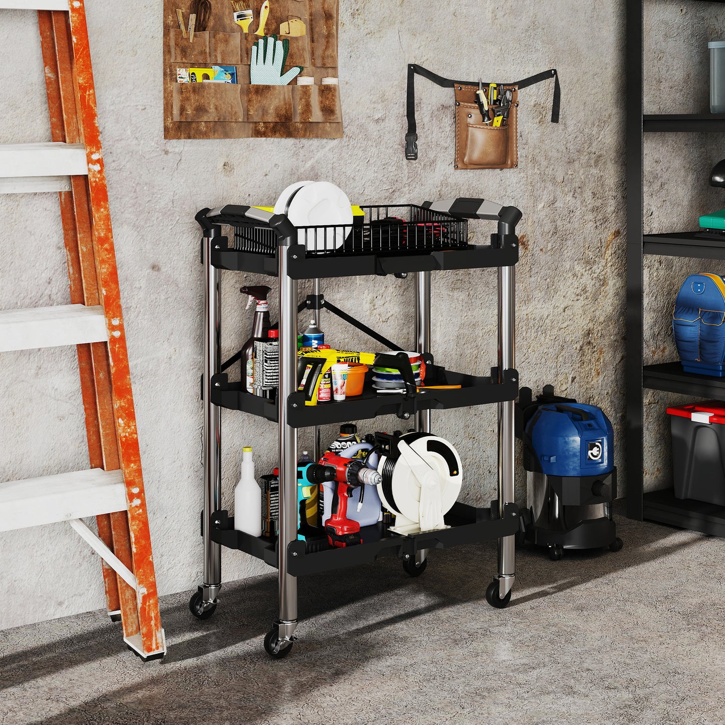 HOMCOM Werkzeug-Trolley, klappbarer 3-stufiger Werkzeugwagen, Kunststoff, Stahl, Schwarz