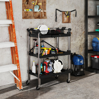 HOMCOM Werkzeug-Trolley, klappbarer 3-stufiger Werkzeugwagen, Kunststoff, Stahl, Schwarz