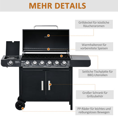 Outsunny Gasgrill mit 7 Brennern, inkl. Thermometer, BBQ -Grill, mobiler Grill, Schwarz