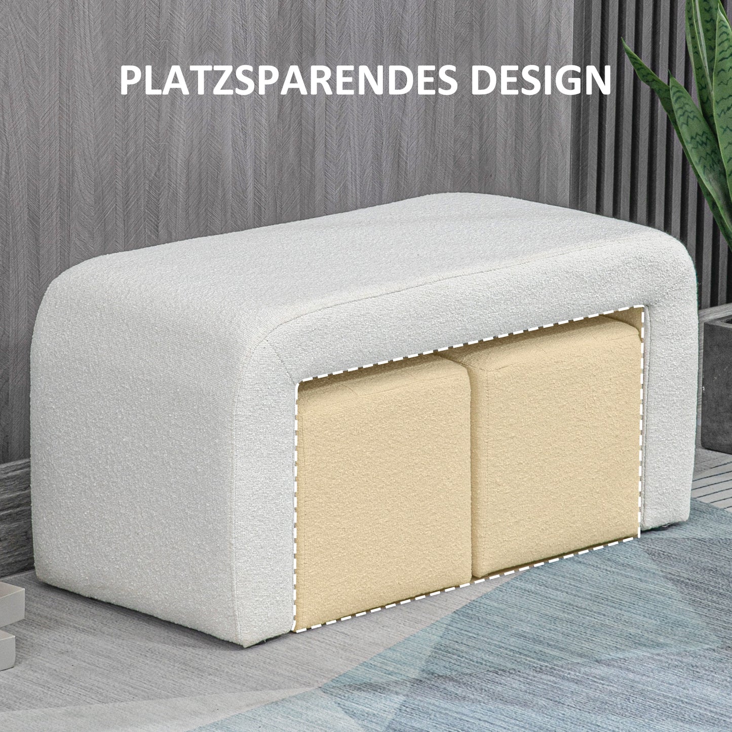HOMCOM Fußhocker-Set Fußhocker 3-teilig, Knopfheftung, 89 cm x 42,5 cm x 45 cm, Creme