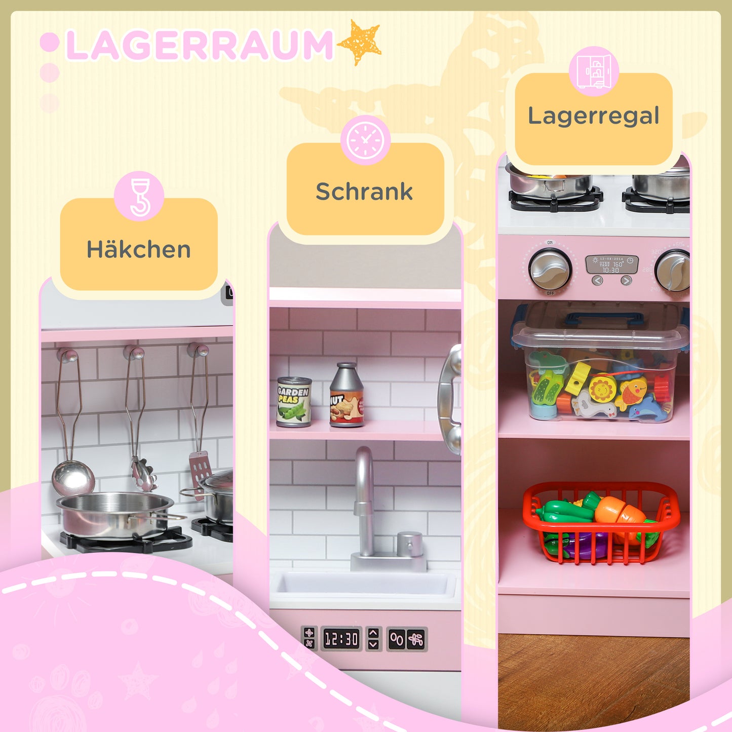 AIYAPLAY Spielküchen-Set mit Töpfen, Tafel, Telefon, Eismaschine, Herd, 83,8 x 26,8 x 81 cm, Pink