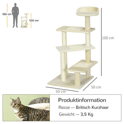 PawHut Kratzbaum 100 cm Katzenturm mit Sisalstämme, große Plattform, mehrstöckiger Katzenkratzbaum, Kletterbaum, für kleine & mittelgroße Katzen, Beige