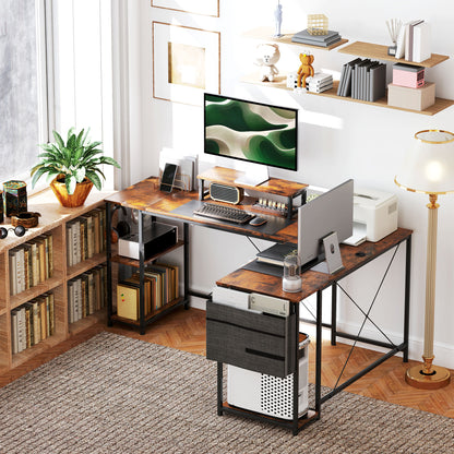 HOMCOM L-förmiger Schreibtisch, Vielseitiger Bürotisch mit einstellbaren Regalen und Aufbewahrungstasche, Monitorständer, Braun