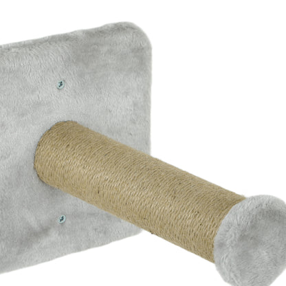 PawHut 5-teiliges wandmontiertes Kletterset für Hauskatzen mit Kratzpfosten, Kratzmatte, Katzenbett, Spielzeugbällen, Hellgrau