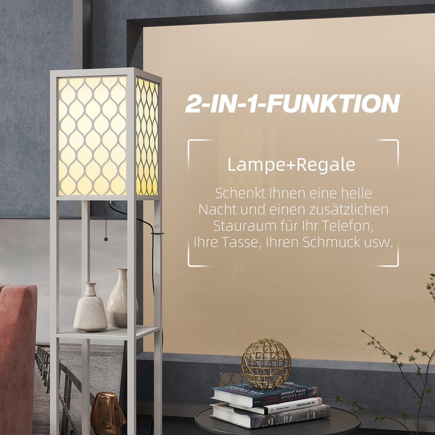 HOMCOM Stehleuchte im modernen Design, 2 Ablagen, Ziehkettenschalter, 26 cm x 26 cm x 156 cm, Schwarz + Weiß